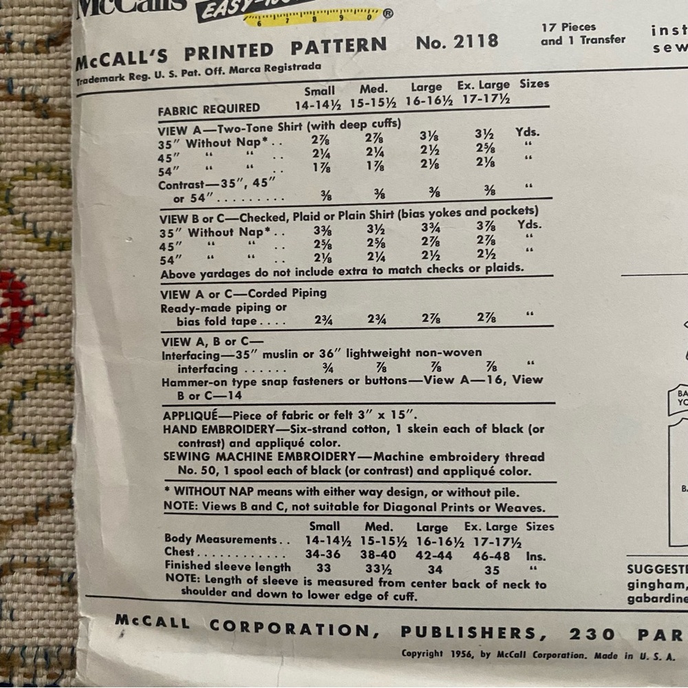 McCall's 2118 Men’s Western Shirt + Transfers Vintage Sewing Pattern 50s M 38-40 - Picture 3 of 3